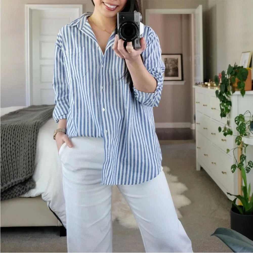 SEZANE Classic Oversized Blue & White Striped Linen Cotton Button Down Max Shirt - Picture 7 of 17